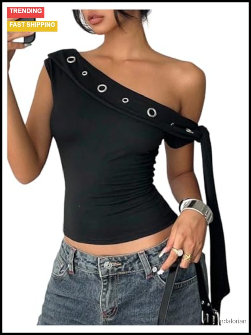 Y2K One Shoulder Crop Tank Top Tie Knot Grommet Club Party Top